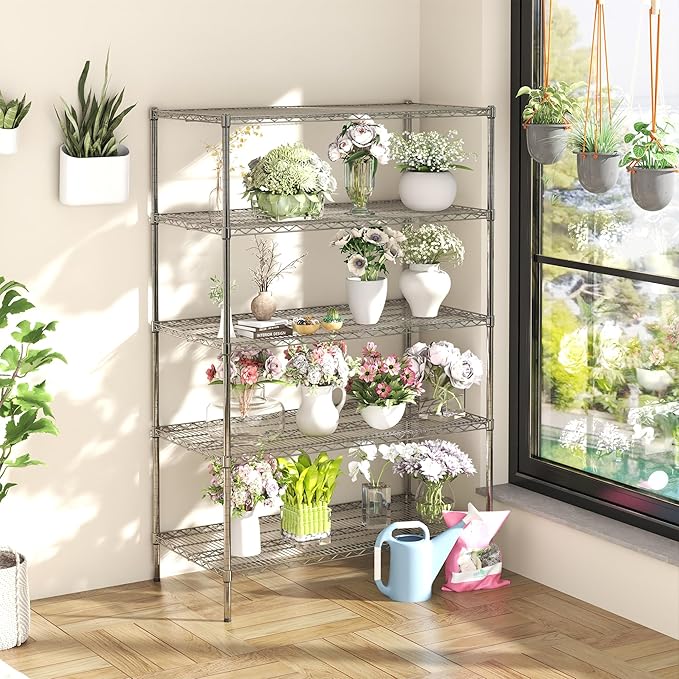 5-Tier Metal Storage Shelving Unit, Adjustable Storage Rack Display Shelves, Industrial Steel Wire Shelf on Wheels, Commercial and Home Use, 48”W x 24”D x 72”H, 1500 LBS Capacity