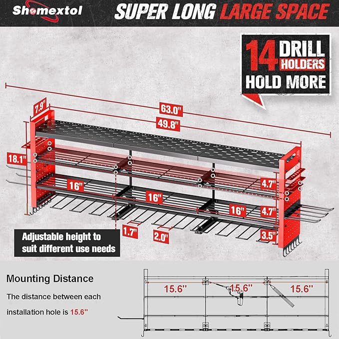 49.8" W Large Power Tool Organizer Wall Mount, Heavy Duty Tool Organizer with 14 cordless Drill Holder, 4 Layers Garage Organization and Storage Rack, Tool Rack for Garage Workshop, Red