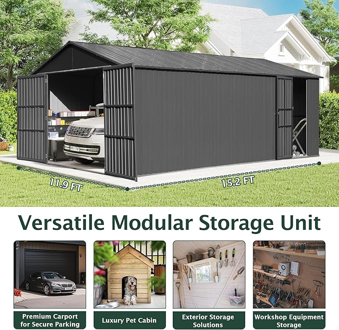 Domi 12’x15’ Outdoor Metal Garage Shed, Weatherproof Enclosed Carport with Sidewalls & 2 Lockable Doors, Backyard Storage Shed for Car, Bike, Motorcycle, Lawn Mower, 80MPH Wind Resistance, Dark Grey