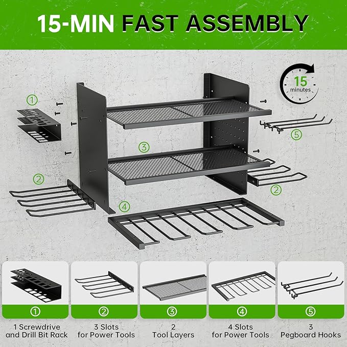 Power Tool Organizer, 3 Layer 8 Drill Holder Wall Mount, Tool Shelf and Storage Rack for Garage Organization, Gifts for Him Men Dad Husband Anniversary Fathers Day, Cool Gadget Stocking Stuffer
