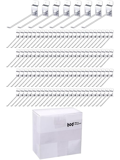 Moxweyeni 100 Pcs Heavy Duty Slatwall Panel Hooks Hanging Metal Slat Wall Hanging Hooks Silver Slat Wall Hanger Commercial Grade Slatwall Pegs Accessories for Shop Retail Display(6 Inch)