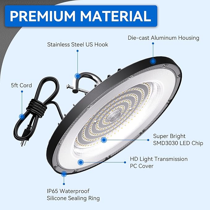Led High Bay Light 100W, 14000lm 5000K UFO Bay Lighting with US Plug 5' Cable, 120V, IP65 Waterproof Commercial Lights Fixture for Workshop Factory Barn Garage, 4 Pack