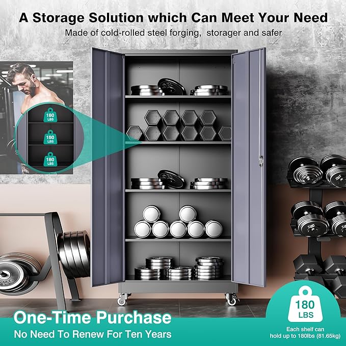 75" Tall Metal Storage Cabinet with Wheels,Rolling Garage Storage Cabinet with Lock,Gray Metal Cabinets with Wheels and Shelves,Tall Tool Cabinets on Wheel for Garage,Home,Office,Shop