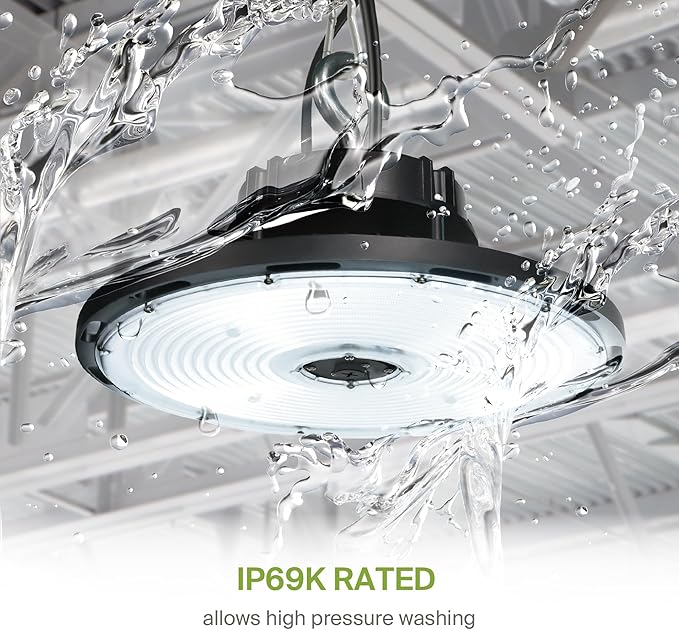 ASD LED High Bay UFO Light Fixture, Commercial Shop Lighting | Dimmable, IP69K Waterproof, DLC Premium, UL Listed | 500W 71400LM 5000K 100-277V | Warehouse, Garage, Workshop Lamp | Black