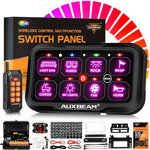 Auxbeam 8 Gang Switch Panel RC-800 RGB Wireless Remote Control Range Up to 165FT Multifunction Switch Pod 3 lighting modes with Backlit Off and Auto Dimmable for RV Offroad Waterproof 2 Years Warranty