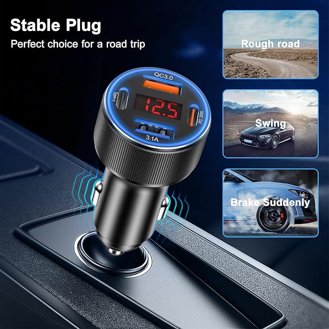 Car Charger USB C, Besgoods 4 Ports Cigarette Lighter USB Charger USB C Car Adapter PD/QC Fast Charging with Voltmeter for iPhone 16 15 14 13 12 Galaxy S24 S23 A54 A15 Android Dash Cam, 2Pack