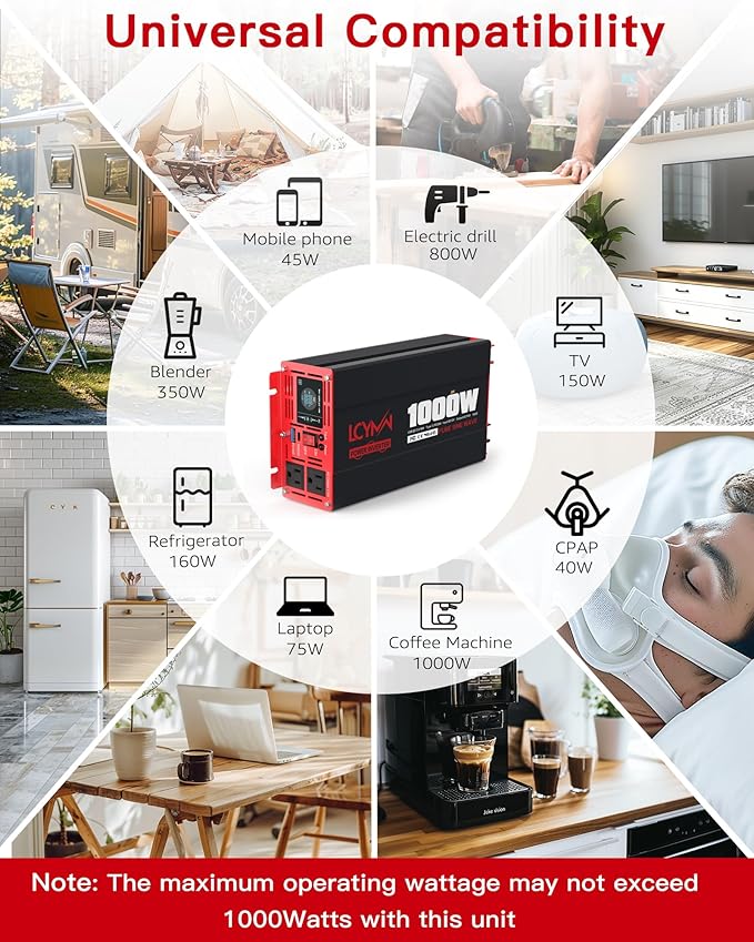1000 Watts Pure Sine Wave Power Inverter 12V DC to 110V 120V AC Converter for Home RV Off Grid Truck Solar System Inverters with Type-C PD30W USB QC3.0 Port 2 AC Outlets LCD Display and Remote Control