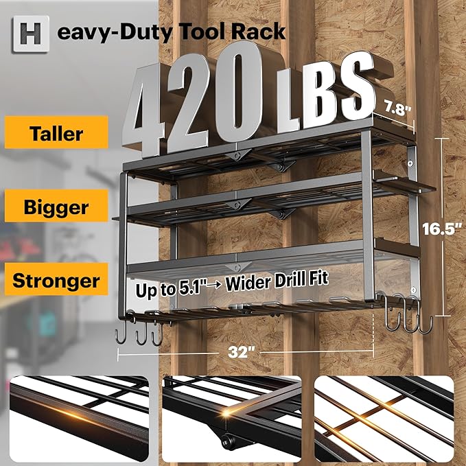 Large Power Tool Organizer Wall Mount, Maximum 420lbs Load Capacity, 4 Layers Heavy Duty Metal Tool Storage for Garage/Workshop/Shed, Utility Racks with 8 Cordless Drill Holder, Gift for Men