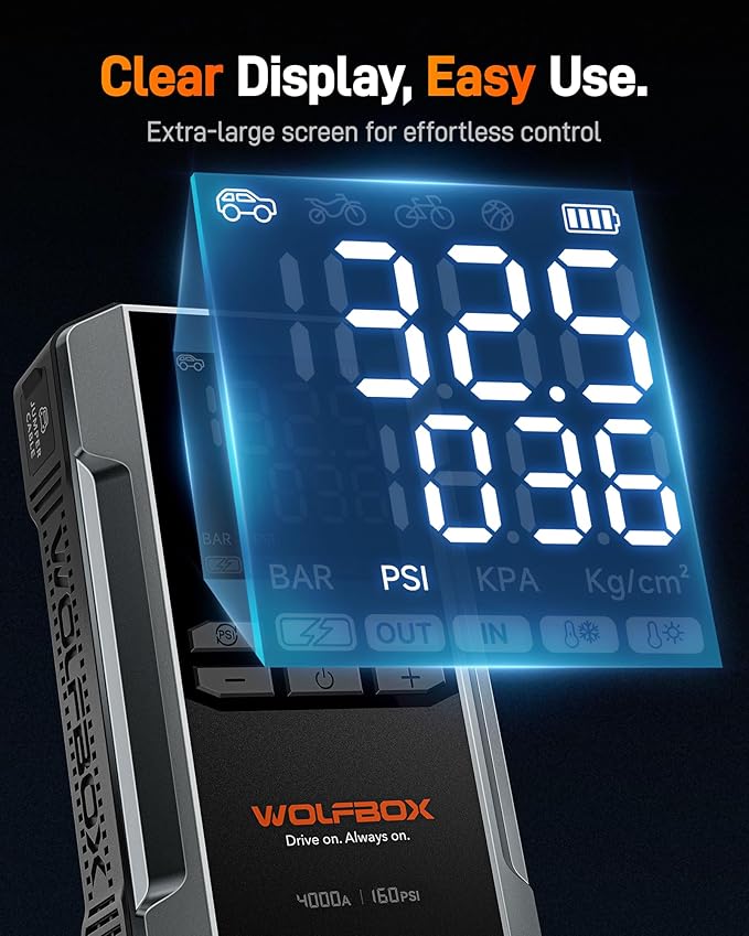 WOLFBOX 4000A Jump Starter with 160PSI Air Compressor, 12V Car Battery Booster, 65W Fast Charge, 24000mAh Portable Tire Inflator, LED Display for 10L Gas & 10L Diesel Engines, LED Light, Jumper Cables