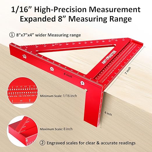 8 inch 3D Multi-Angle Measuring Square Ruler, WT103B High Precision Hole Scribing Woodworking Tools, 0-90° Aluminum Alloy Carpenter Square Wood Working Tools, Carpenter Pencils 6 Refills.