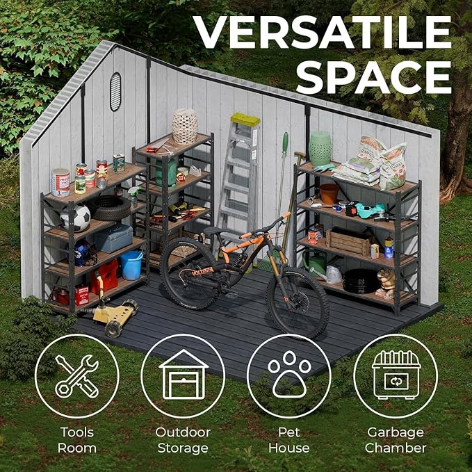 EconoHome 8x8 Ft Outdoor Storage Shed with Floor - Waterproof Shed with Lockable Door for Garden - Backyard, Tool Storage Use - Grey