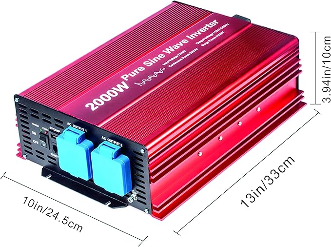 2000W Pure Sine Wave Inverter 12V to 120V AC with 2 AC outlets (IP54 ETL Approved Sockets),DC5V 2 Amp USB Output, LCD Wire Remote kit and OFC Battery Cables,Input terminals Fixing Wrench