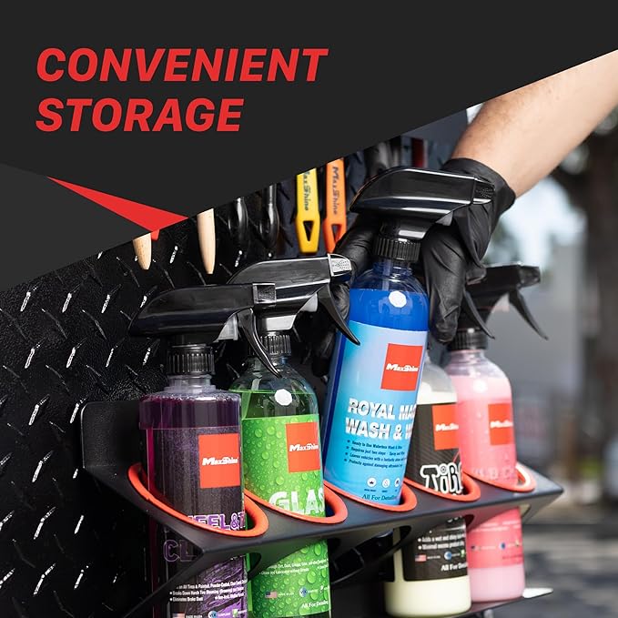 Maxshine Universal Detailing Spray Bottle Holder - Mobile Detailing & Car Garage Organizer, Holds 5 Sprayers (16/32oz) with 4 Small Holes, Lightweight Design, Easy Wall Mounting (No Logo)