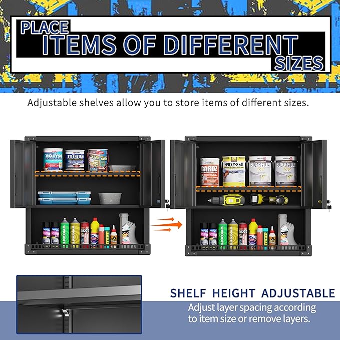 Garage Wall Cabinet,Metal Wall Cabinet with Doors and Adjustable Shelves,Steel Utility Wall Mounted Tool Cabinets for Home,Office,Kitchen,Warehouse