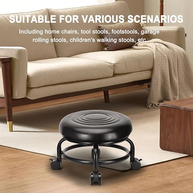 Low Height Rolling Stool Low Roller Stool PU Leather Comfortable Chair, Modern Low Rolling Stool for Home Office Garage Shop