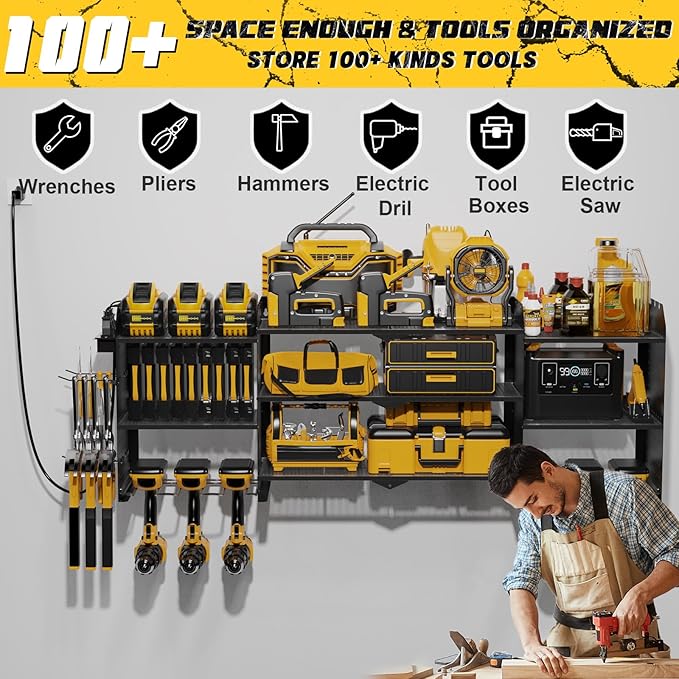 Power Tool Organizer Wall Mount with Charging Station, Expanded Width Power Tool Storage Rack, Large Tool Battery Organizer with Screwdriver/Hammer Heavy Duty Garage Storage