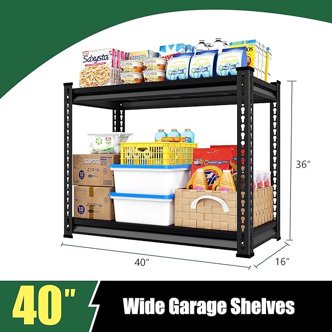 Garage Shelving Heavy Duty 880LBS Loads, 40" W Adjustable Garage Storage Shelves, 2-Tier Metal Shelving Units and Storage, Industrial Utility Shelf, 40" Wx16 Dx36 H,Black