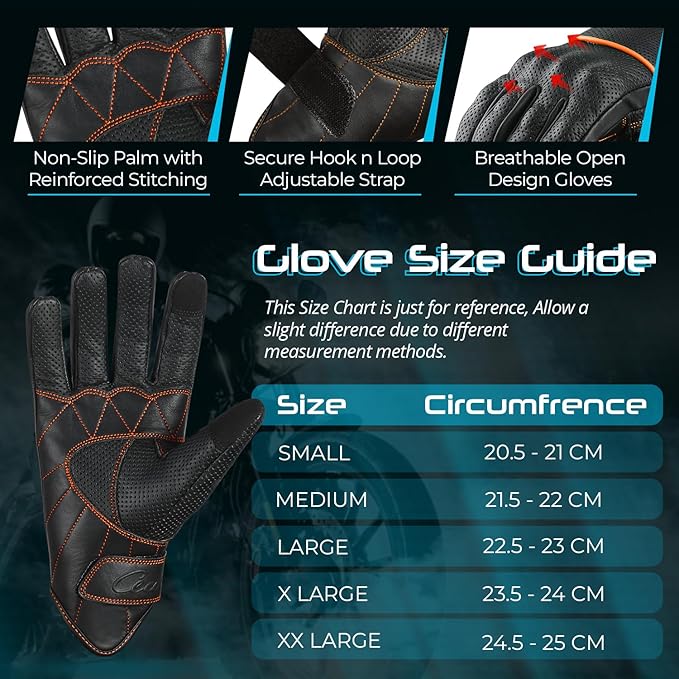 aasportx Motorcycle Gloves - Men's Leather Motorbike Gloves with Touchscreen Function - Non-Slip Pads for Men & Women