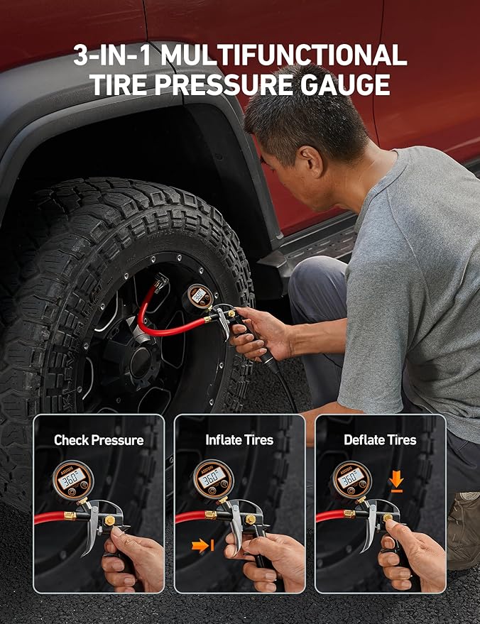 AstroAI T1 Digital Tire Pressure Gauge with Inflator, 3-250 PSI Air Chuck with Pressure Gauge, Heavy Duty with Quick Connect Coupler, Calibrated to ANSI B40.7 Grade 2A