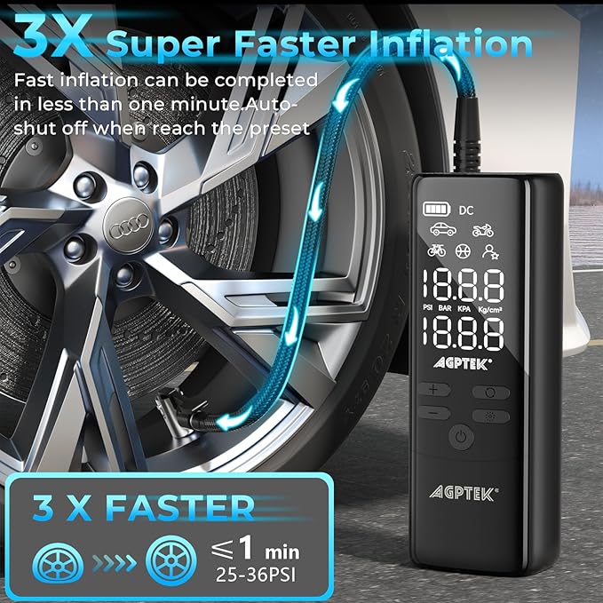 AGPTEK Tire Inflator Portable Air Compressor-150PSI & 5000mAh Tire Pressure Gauge Electric Air Pump,LCD Display with LED Light for Cars, Bikes & Motorcycle Tires, Balls