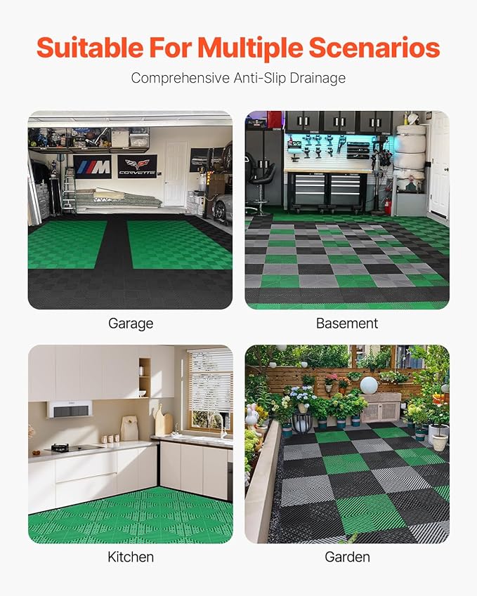 VEVOR Interlocking Drainage Mat, 50 Pcs Modular Interlocking Cushion, 12” x 12” Splicing Drainage Mats, Non-Slip Green PP Drainage Floor Tile and Shower Mat, for Garage, Garden, Kitchen & Outdoor
