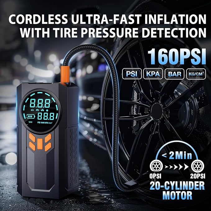 Jump Starter with Air Compressor, 5000A 160PSI Battery Jumper Starter Portable (9.0 Gas/8.0L Diesel), 12V Jump Box Car Battery Jump Starter with Smart Jumper Cables, LED Light, LCD Display