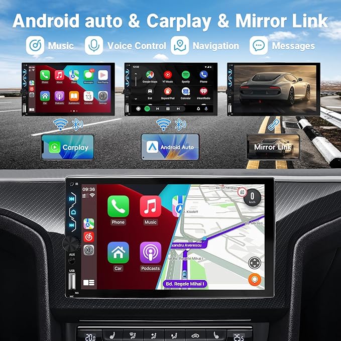 Double Din Car Stereo with Wireless Carplay and Wireless Android Auto,7 Inch Full HD Touchscreen Car Stereo Receivers Support Mirror Link,Bluetooth, Backup Camera,Steering Wheel,FM/USB/AUX/Subwoofer