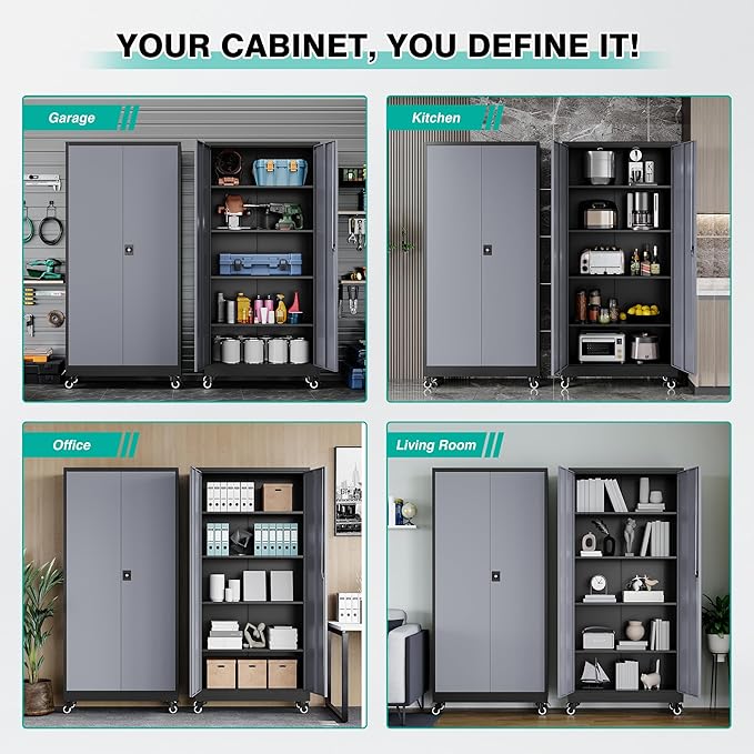 75" Tall Metal Storage Cabinet with Wheels,Rolling Garage Storage Cabinet with Lock,Gray Metal Cabinets with Wheels and Shelves,Tall Tool Cabinets on Wheel for Garage,Home,Office,Shop