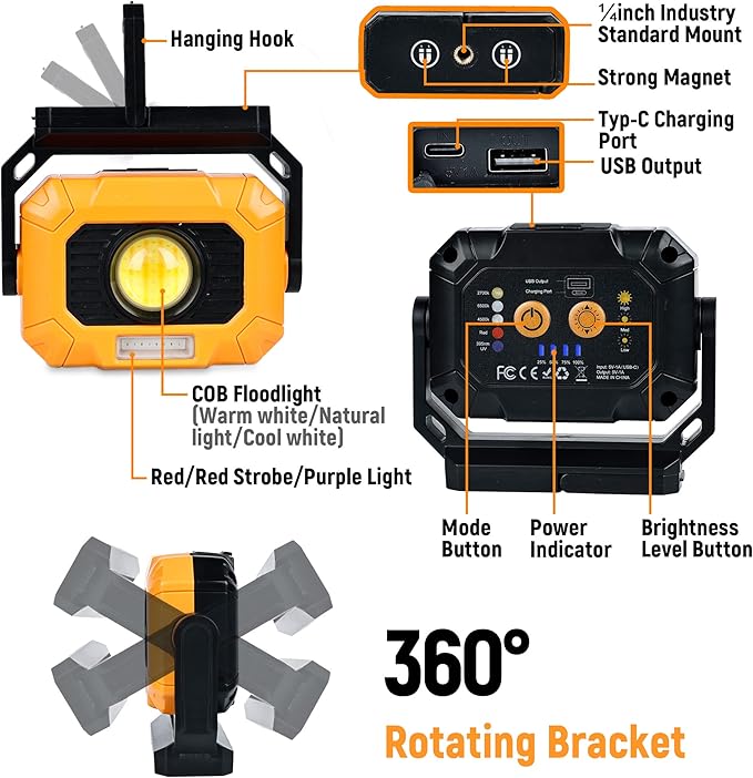 Adelante 2Pack Magnetic Work Light Rechargeable, 1500LM LED Work Light, 360° Rotating Stand 3 Color Temperature 12 Modes Waterproof Bright Flashlight for Mechanic, Shop, Working on Cars, Power Outages