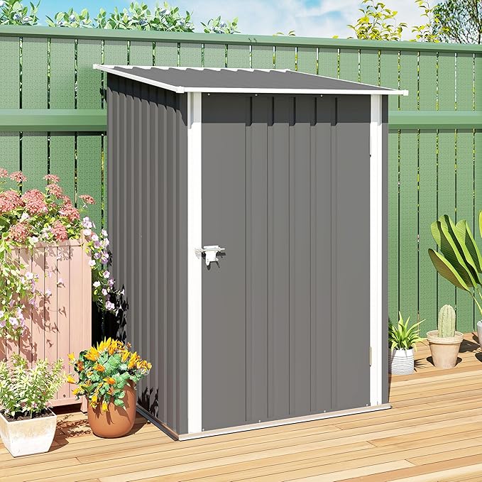 Outsunny 3.3' x 3.4' Outdoor Storage Shed, Metal Garden Tool House with Sloping Roof and Lockable Door for Backyard, Bike, Patio, Garage, Lawn, Gray