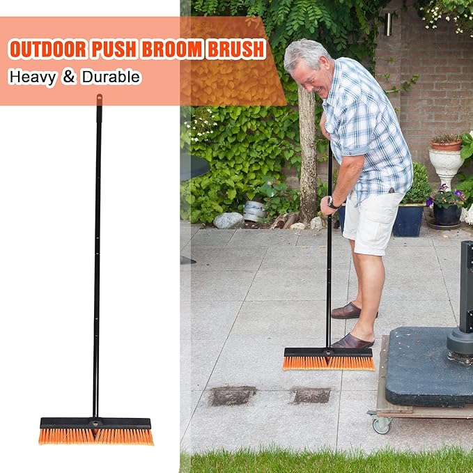 Zhehao 6 Pack 18 Inches Push Broom Outdoor, Multi Surface Garden Brush Broom with Adjustable 63" Long Handle for Deck, Driveway, Patio, Warehouse, Garage, Yard, Concrete Floor Cleaning (Orange)