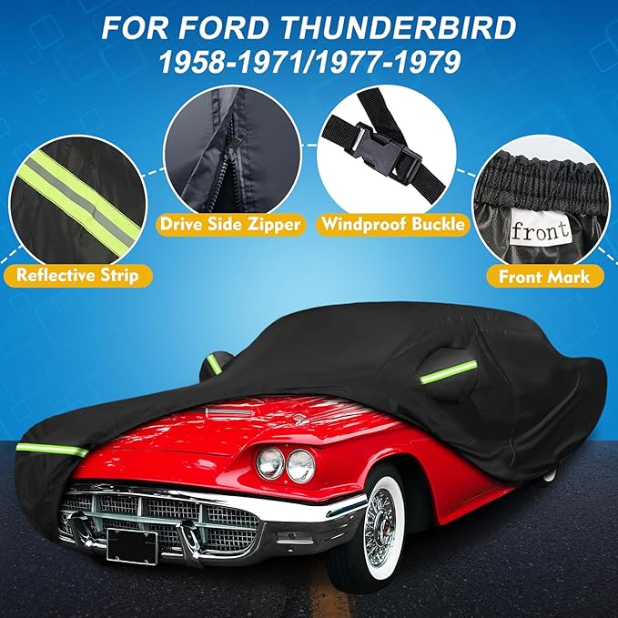 QUNSUNUS Car Cover for Ford Thunderbird 1958-1971/1977-1979 Waterproof All Weather 420D Windproof for Ford Thunderbird Car Cover Hail Protection with Zipper