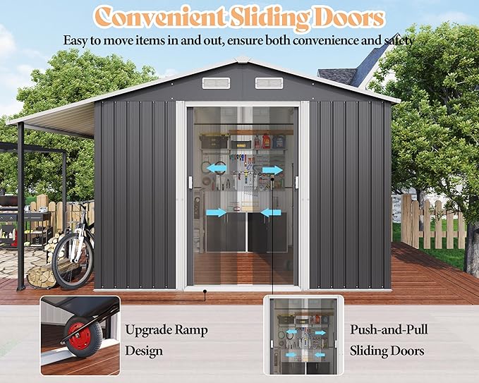 Jocisland 10.6x6.8x6.3 FT Galvanized Metal Storage Shed with Open Firewood Bay, Sliding Doors & Ramp, 2 Windows & Vents, Weather-Resistant Outdoor Tool/Garden Shed, Dark Grey/White