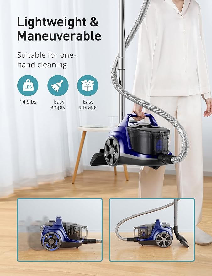 Aspiron Canister Vacuum, Upgraded 1600W Bagless Canister Vacuum Cleaner, Auto Cord Rewind, H13 HEPA Filter, 3.7Qt Large Capacity, 5 Tools for Hard Floors, Carpet, Pet, Upholstery, Tiles, Car, White