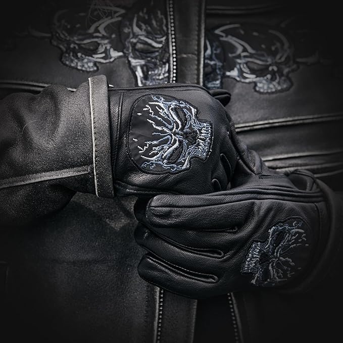 Daniel Smart Men's Motorcycle Leather Gloves with Reflective Skull Short Glove & Touch Screen Fingertips
