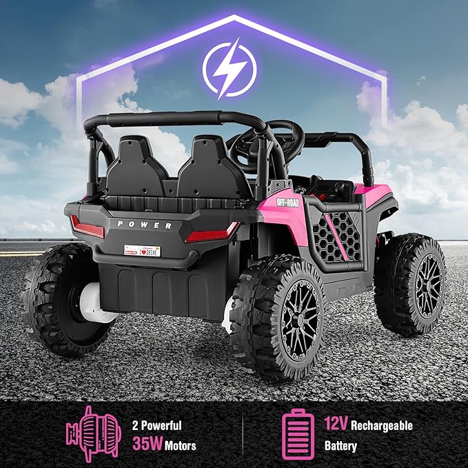 Costzon Kids UTV, 12V Battery Powered Electric Off-Road Car w/Remote Control, Sounds, Wireless Connection, 3 Speeds & 4-Wheel Suspension, Kids Ride on Truck, Gift for Boys & Girls 3+ Years Old (Pink)