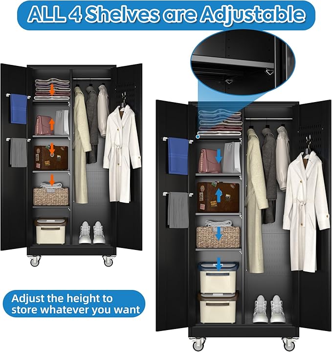Garage Storage Cabinet with Wheels and 5 Pegboard, 71" H Metal Storage Cabinets with 2 Locking Doors and 4 Shelves, Broom Closet Storage Cabinet with Hanging Rod and 13 Hooks, Black