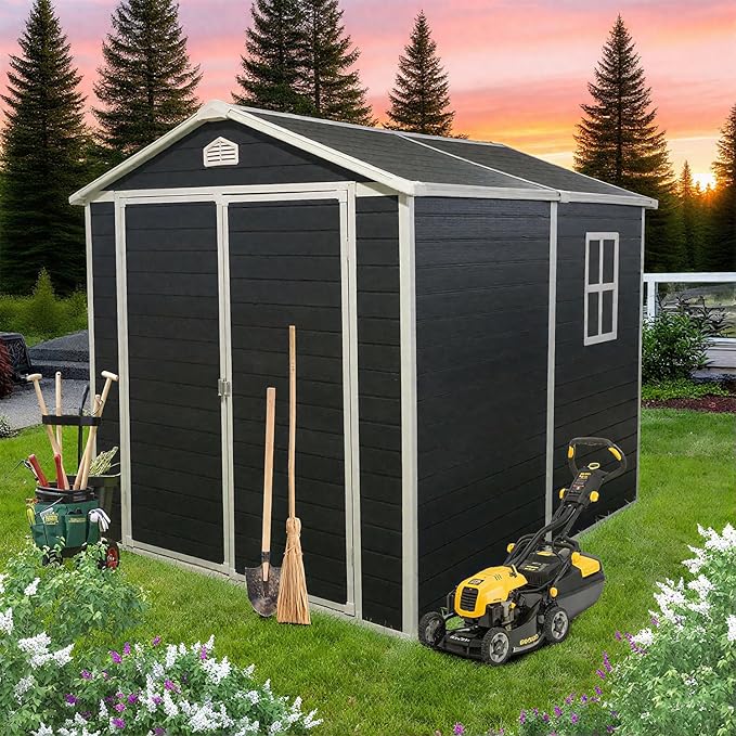 6x8 FT Outdoor Storage Resin Shed with Floor,Waterproof Plastic Garden Bike Shed with Lockable Door, Sloped Roof, Vents & Windows, Easy Assembly Tool Shed for Lawn, Backyard, Patio, Black