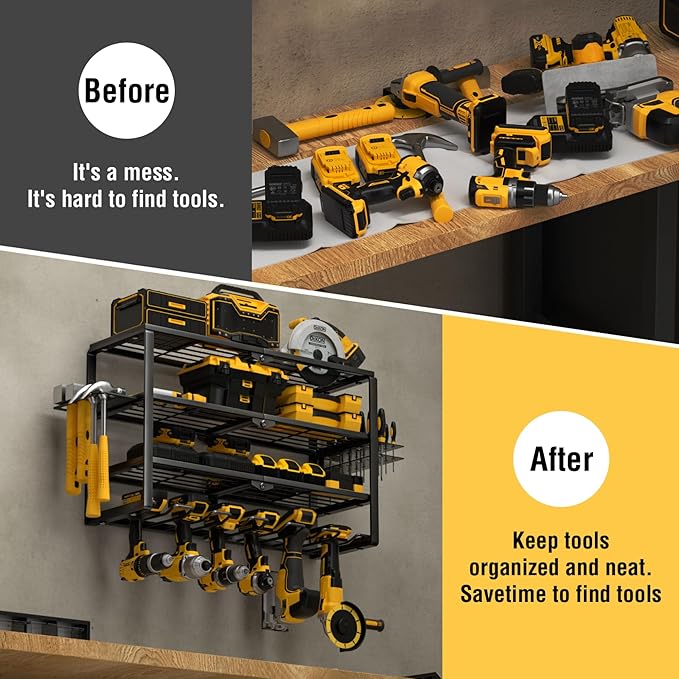 YYR 4 Layer Power Tool Organizer Wall Mount, Cordless Drill Hanger Storage Rack, Battery Tools Holder with Charging Station Shelf for Garage Organization, Workshop, Pegboard, Shed - 24 Inch 6 Slots