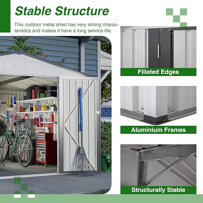 10X8 FT Outdoor Tool Storage Shed with Metal Foundation & Lockable Doors, All Weather Metal Sheds for Garden, Patio, Backyard, Lawn