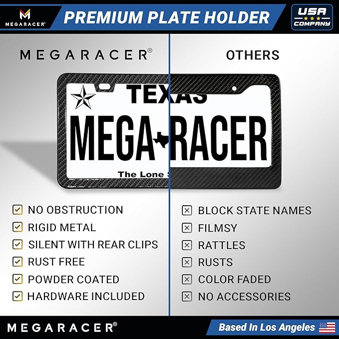 Premium Slim Carbon Fiber Design License Plate Frames – 2 Pack, Rust-Free Stainless Steel & Rattle-Free, Street Legal, Universal with Screw Caps Cover, Thin Metal Front & Rear Car Tag Holders for Men