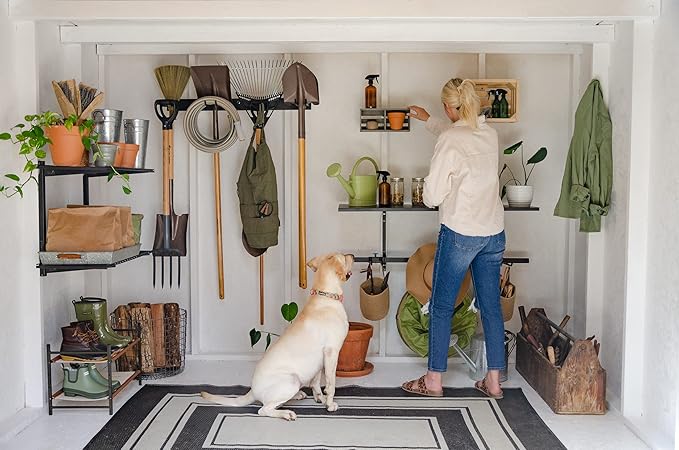 StoreYourBoard Wall-Mounted Rack With 4 Garage Hooks – Heavy-Duty Steel Holder Garage & Garden Storage for Shed, Workshop, or Home Organization – For Rakes, Shovels, Tools & More – 1 Pack, Black