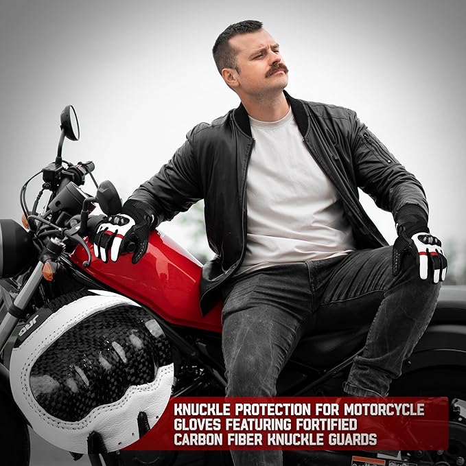 J.A.G. Leather Motorcycle Gloves for Men - Carbon Fiber Knuckle Protection, Motorbike Powersports, Dirt Bike, Touchscreen Gloves for Men and Women, Guantes para Moto.