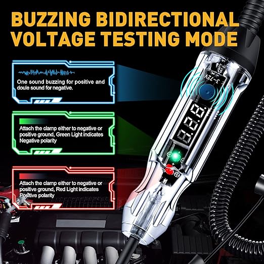 Upgraded Buzzer Automotive Test Light, DC 3-72V Heavy Duty Digital LED Circuit Tester with Voltmeter & Dual Color Polarity Indicate Light, Bidirectional Auto Voltage Tester Electric Light Test Pen