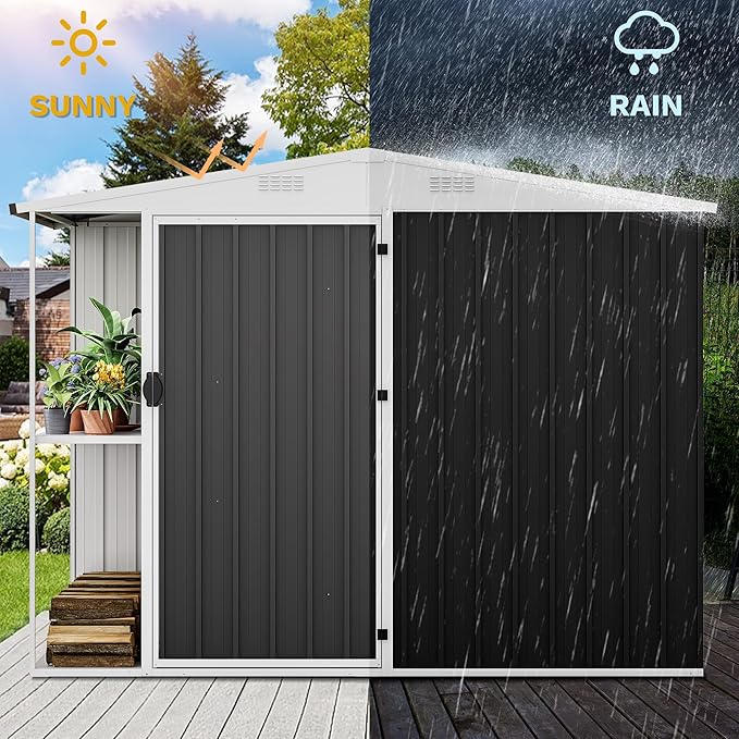 DWVO 8 x 4 ft Outdoor Storage Shed with 2-Tier Shelf, Metal Tool Shed & Garden Storage Cabinet for Backyard, Patio, Equipment & Bike, Dark Gray