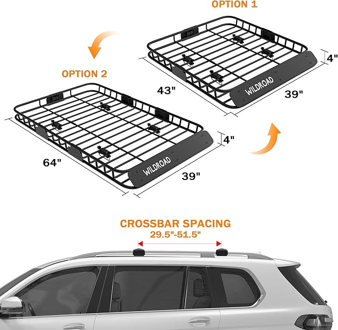 WILDROAD Car Roof Cargo Carrier Combo of Upgraded 64"x 39"x 4" Roof Rack Cargo Basket with 21 Cubic ft Ultra Waterproof Anti-Tear Fabric Cargo Carrier Bag and Super Duty Bungee Cargo Net