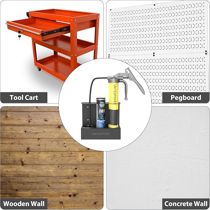 UNITEDPOWER Grease Gun Holder, Wall Mount Grease Gun Storage Rack, Organizer for Workshop, Shop, Garage with Removable Drip Cups & Spare Cartridge Holder