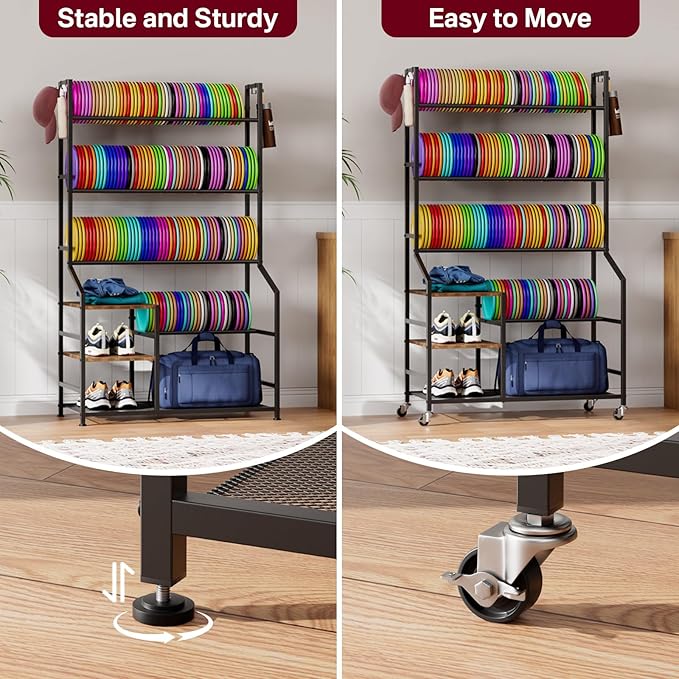 Portin 5 Tier Disc Golf Storage Rack, Disc Station Organizer with Hooks and wheels, Disc Golf Shelf for Storing Sports Equipment Accessories, Disc Golf Bag Basket Organizers for Home Garage Basement
