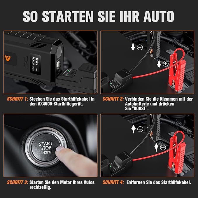 AsperX Car Jump Starter, 4000A Peak Battery Starter for All Gas or 10.0L Diesel Engines, 12V Battery Starter, Jump Box with USBA, Lithium Battery Booster with Built-in LED Light
