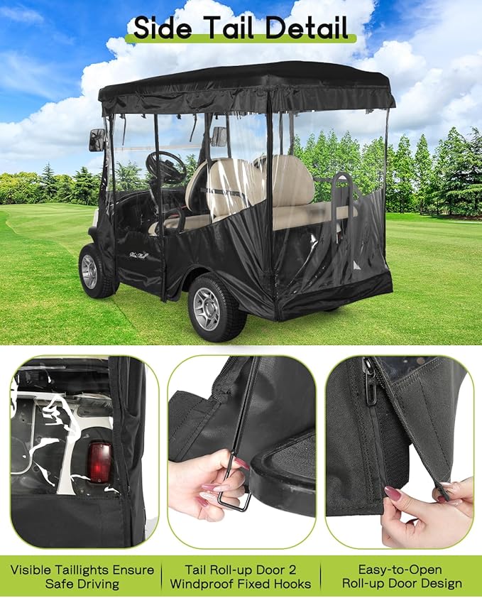 Golf Cart Enclosure 4 Passenger for Club Car Tempo Onward Extended Roof Waterproof Transparent Driving Rain Cover Fit 4-Seater with 4-Sided Clear Windows Mirror Zipper Roll-up Door Black